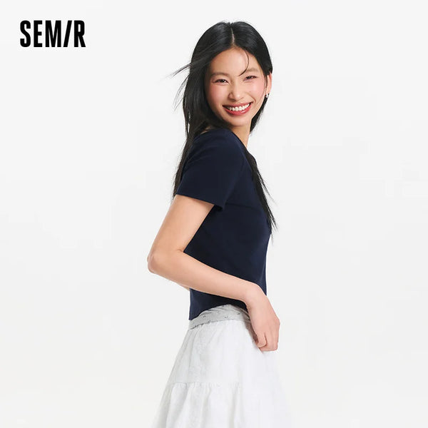 អាវយឺតស្ត្រី Semir ឆ្នាំ ២០២៦ ខ្លីក្លែងក្លាយពីរដុំ ផ្កា ស្ដើង ស្មាធម្មតា កធំ ផ្អែម