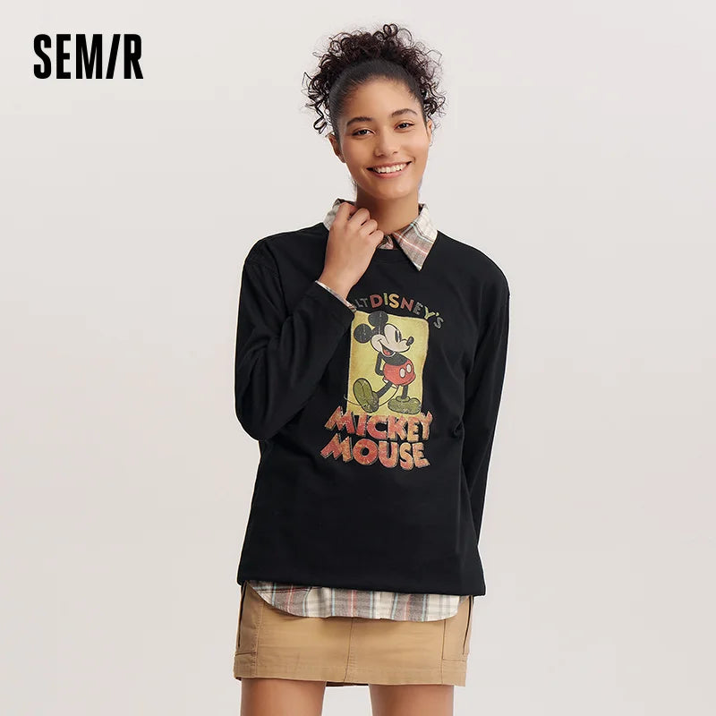 Semir Cotton Tshirt Printed Long Sleeve Women 2025 Spring Loose Fit Basic Daily Casual Fashion Comfortable Pullover Top