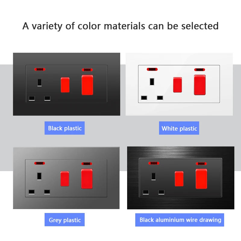 146 UK Standard 45A High Power Kitchen Electric Switch Socket 13A Wall Power Supply Cooker Glass Plastic Aluminum outlet Black