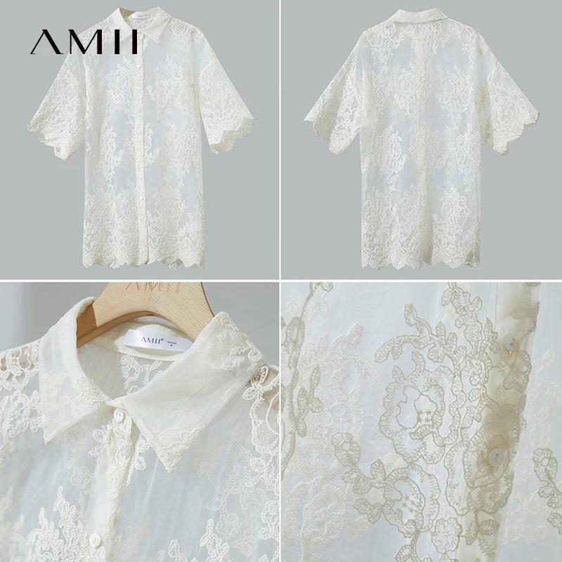 អាវ ការិយាល័យ នារី AMII សាមញ្ញ បំផុត បោះពុម្ព សម្រាប់ នារី រដូវក្តៅ ឆ្នាំ២០២៥ ដៃខ្លី កអាវ បត់ ចុះ ក្រោម អាវ រលុង ម៉ូដ សម្រាប់ នារី 12542155