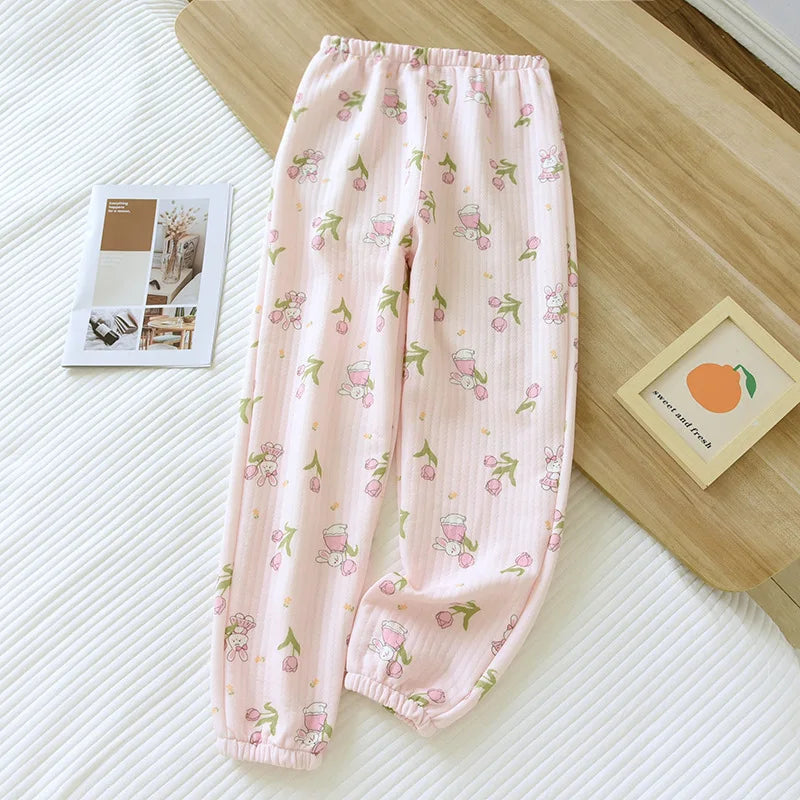 Pure Cotton Air Layer Pajama Pants For Women Autumn Winter Warm Thickened Sleepwear Pantalones Loose Printed Female Pijama Pants