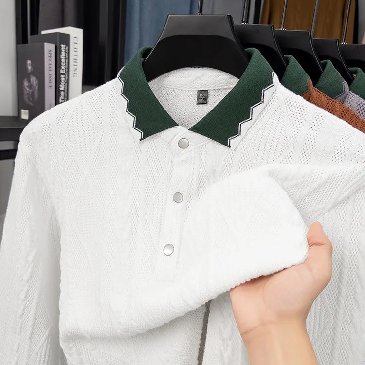 Men's Jacquard Knit Polo Shirt with Color-Blocked Collar - Premium Fabric, Fine Stitching for Business Casual Wear