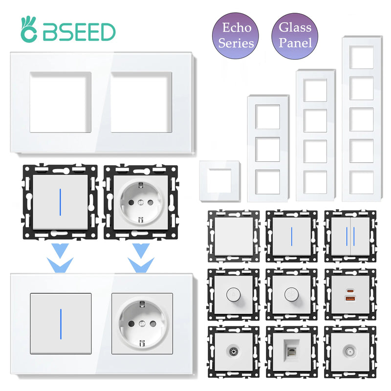 BSEED 1/2Gang Button Switch Function Part Glass Frame Only Light Switch DIY Part ST/TV/CAT6 Scoket Parts Free Combination