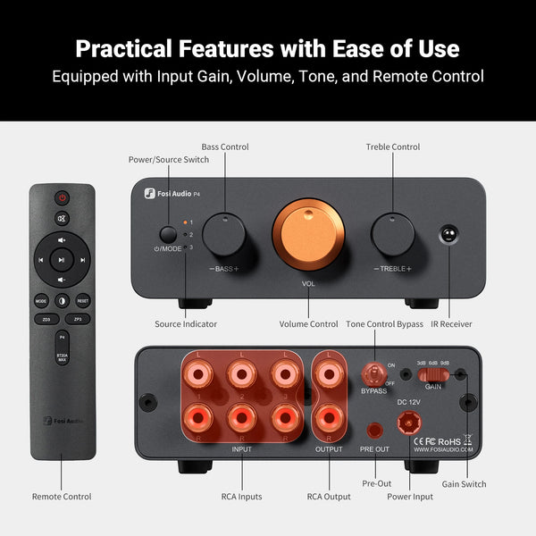 ឧបករណ៍បំពងសម្លេងជាមុន Fosi Audio P4 HiFi៖ ច្រកចូល RCA ចំនួន 3, EQ/Bypass, Op-Amps ដែលអាចប្តូរបាន, ការគ្រប់គ្រងសម្លេង Treble និង Bass សម្រាប់ប្រព័ន្ធ Audiophile
