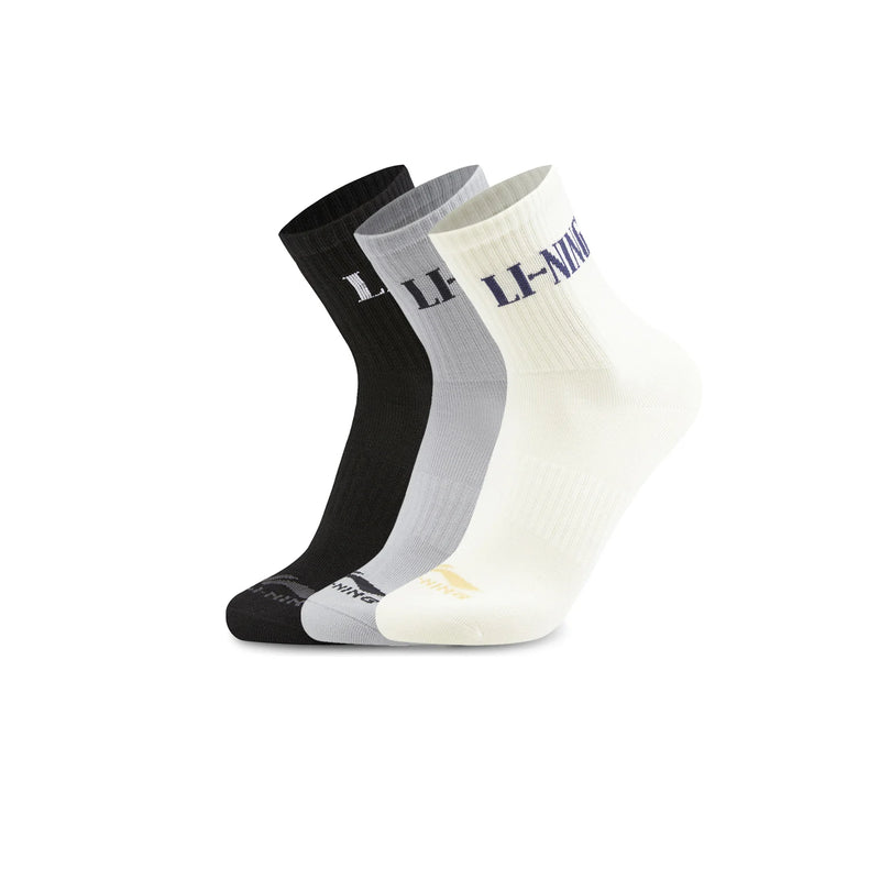 ស្រោមជើង Li-Ning Unisex 3គូ រចនាបថកីឡា LN ការពារបាក់តេរី 22-28សង់ទីម៉ែត្រ ស្រោមជើងទន់ស្រួល អក្សរបុរាណ LiNing AWTW005