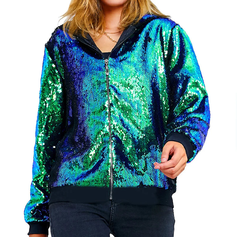 Sparkling Red Hooded Jacket with Sequin Decoration for Women, Fashionable Gold Outerwear with Silver Blue Purple Green Options