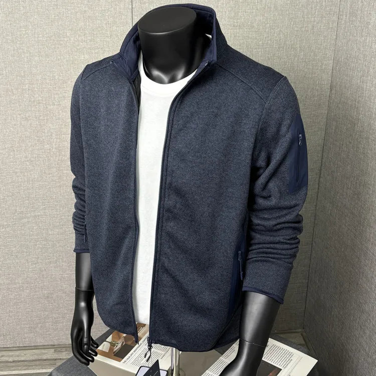 Outdoor Thermal Jacket - 3D Tailored Knit Cardigan with Fleece-Lined Windproof Stand Collar, Reversible Dual-Purpose Wear