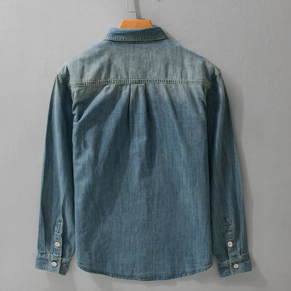 2026 Autumn New 100% Cotton Vintage Denim Shirt for Men Clothing Long Sleeve Big Pockets Male Shirts FY8047