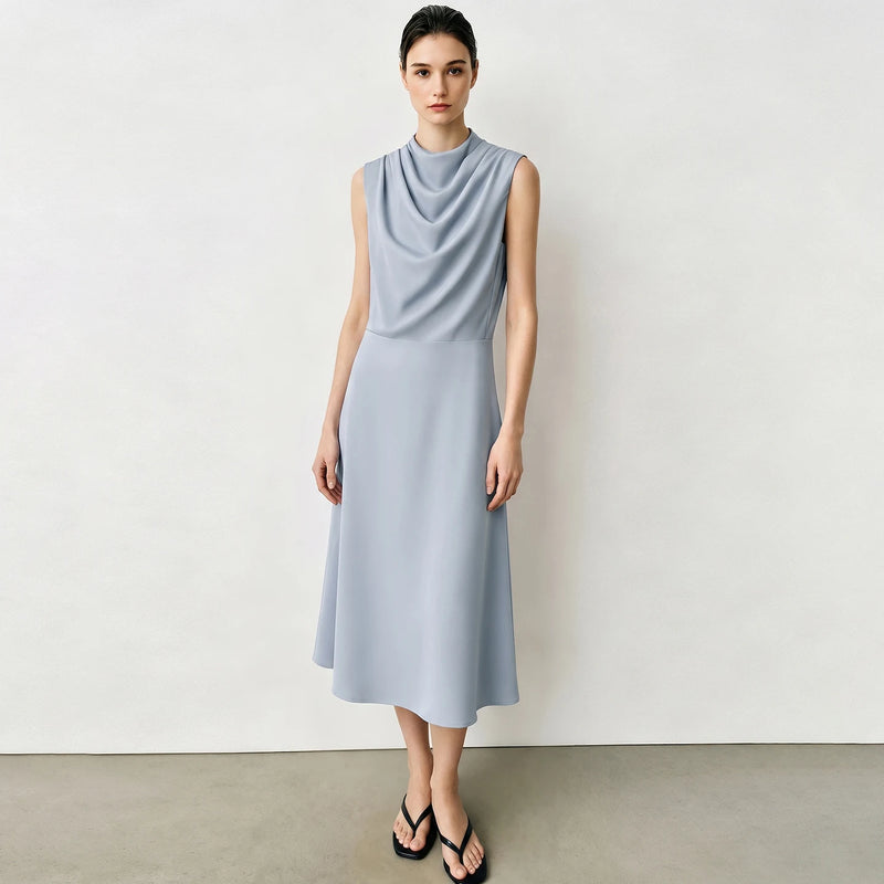 Amii Satin Women's Dress 2026 Summer New Solid Color Sleeveless Elegant Cowl Neck Casual  A-Line Midi Dress for Women 12642219