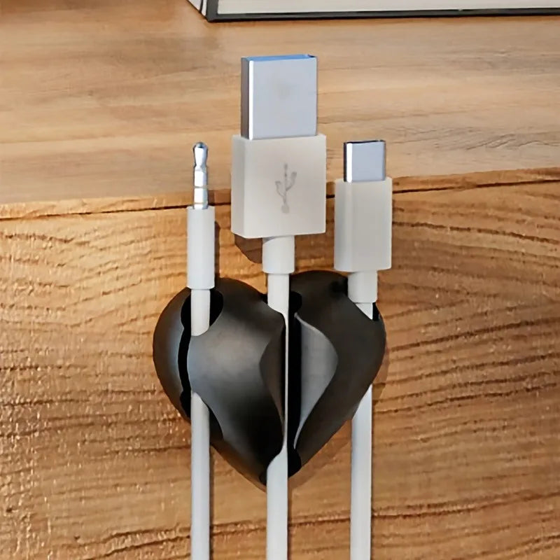 2PCS Self-Adhesive Heart-Shaped Cable Organizer,Phone Charging Line Holder,for Desks, Nightstands,Offices.3-hole design