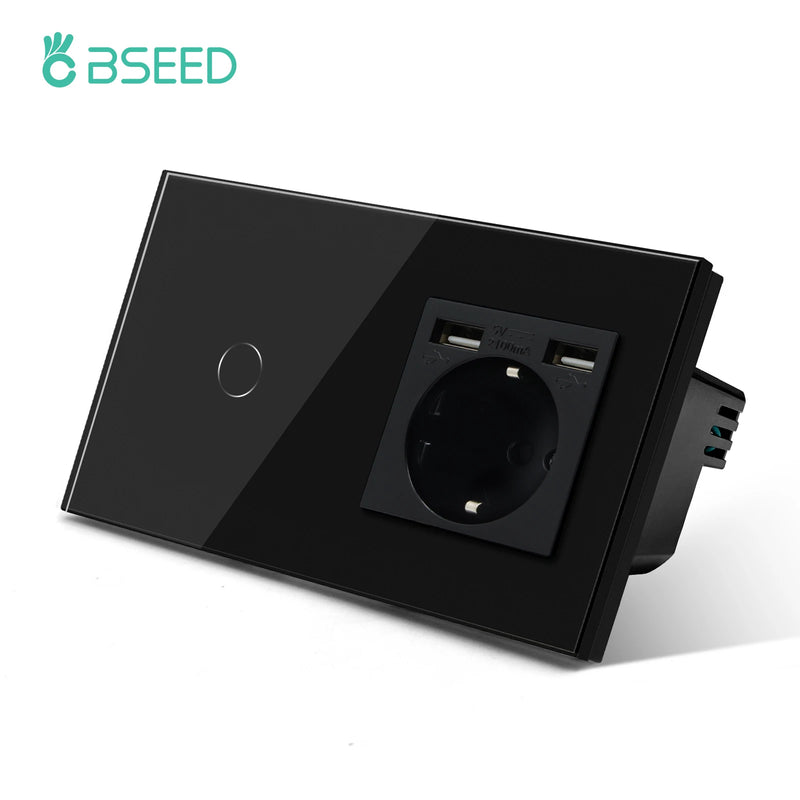 BSEED 1Gang Touch Screen Light Switches LED Backlight Wall Switches With Socket USB Type-C Charge Port Glass Panel Max.Load 300W
