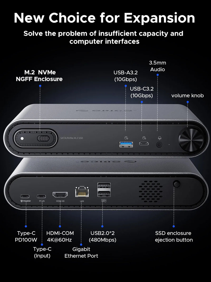 ORICO M.2 SSD Enclosure with 10-in-1 Type-C Docking Station PD100W Charging Ethernet 4K60Hz HDMI-com 3.5mm for PS5 Steam