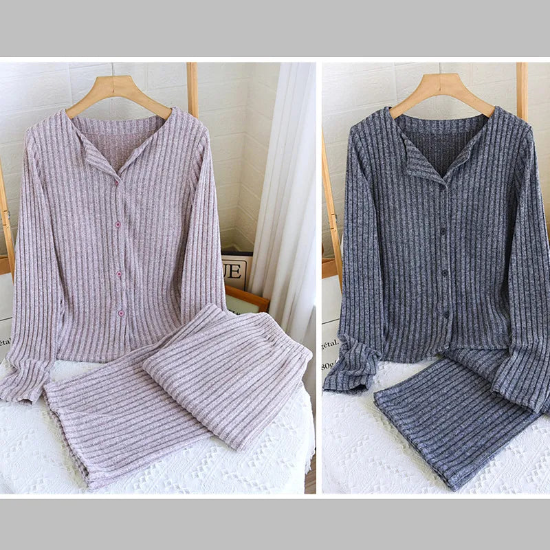Breast Pad Long Sleeve Tops Pant Pajama Set Korean Plush Autumn Winter Home Suit Casual Slim Long Sleeve Sleepwear Pijama Women