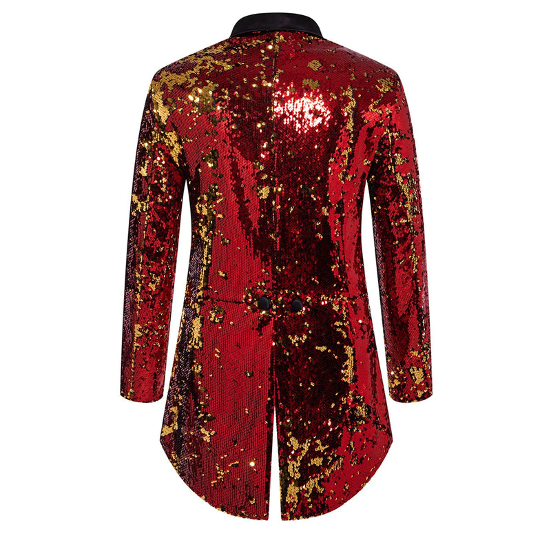 2026 Men's Blue Metallic Shiny Sequins Tuxedo, Performance,Party Dress Coat, Fashion Long Cardigan Suit Jacket,Red, Gold Blazers
