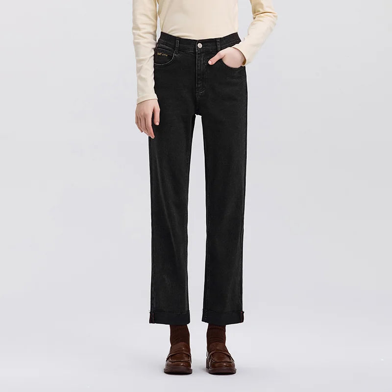 Semir Soft Jeans Women Raw Hem Straight Leg Egg Roll Pants Leg Slimming Trousers 2026 Spring Fashion Casual Bottoms