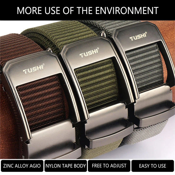 TUSHI Fashion Metal Automatic Buckle Webbing Belts For Men Thick Tough Canvas Tactical Belt Outdoor Jeans Pants Waistband Hiking