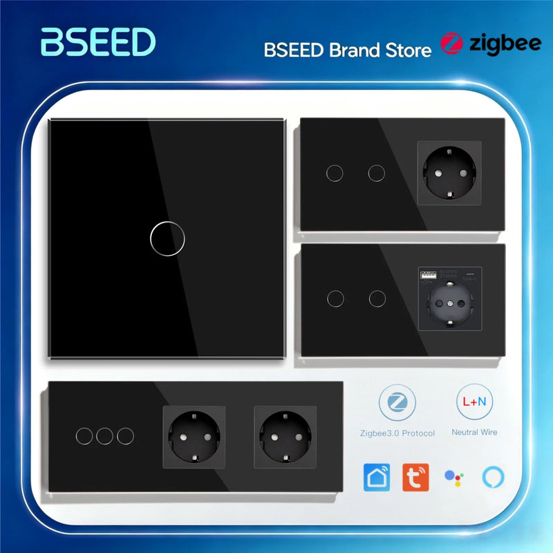BSEED Zigbee Touch Switch 1/2/3Gang 2/3Way Smart Wall Switch Plus EU Socket Tuya Google Home App Alexa Control Need Neutral Wire