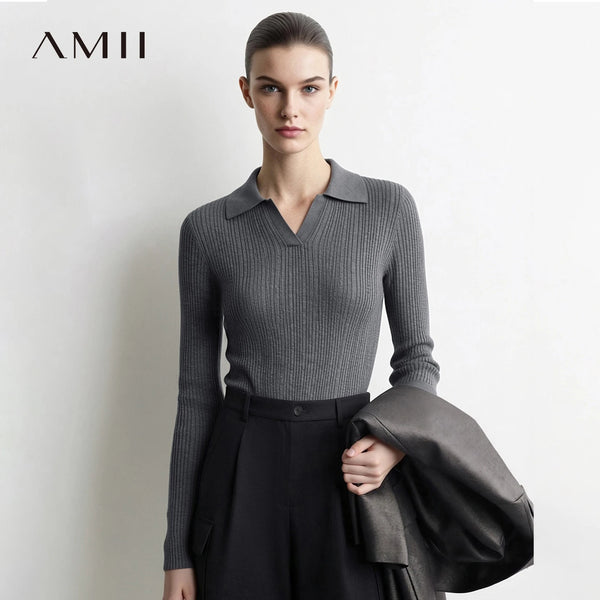 Amii Minimalist Long Sleeve Sweater V-neck Collar Women 2026 Autumn Winter Slim Fit Striped Knitted Pullover Woman Tops 12643058