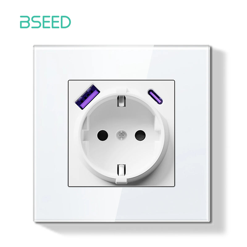 BSEED E Series Mechanical Button Switch 1/2Gang Light Switch Wall EU Socket ST TV Socket Glass Panel Switch With LED Indicator