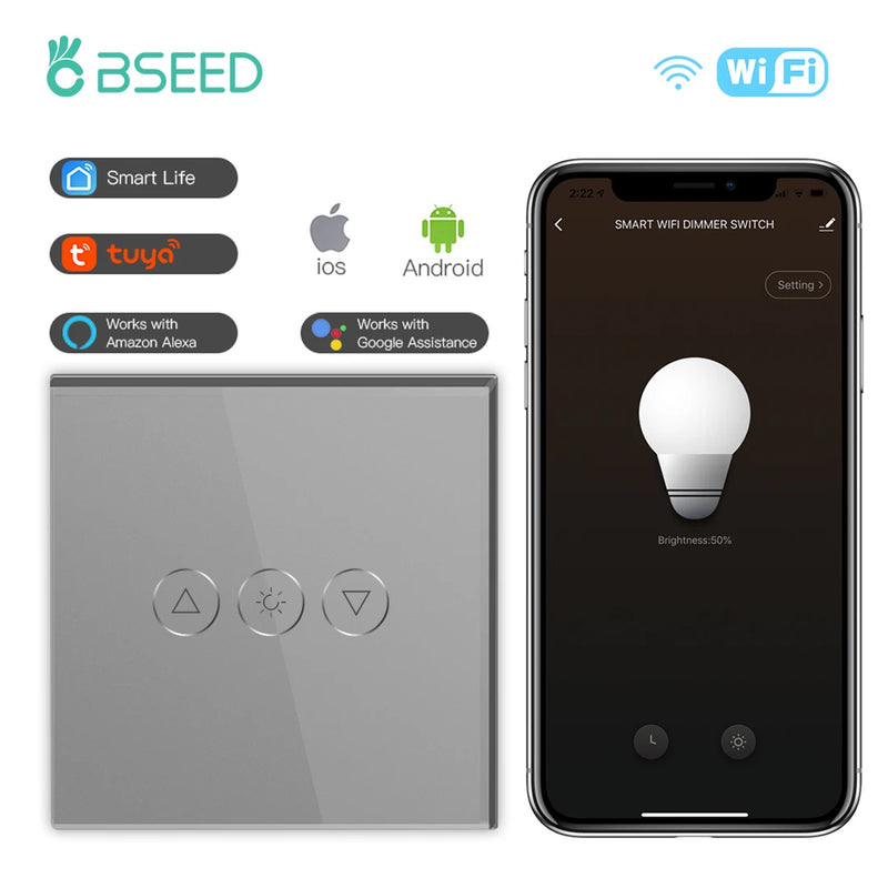 BSEED Wifi Dimmer Switch Smart Dimmable Touch Switch With EU Socket Glass Panel Support Tuya Smart Life Google Home Control