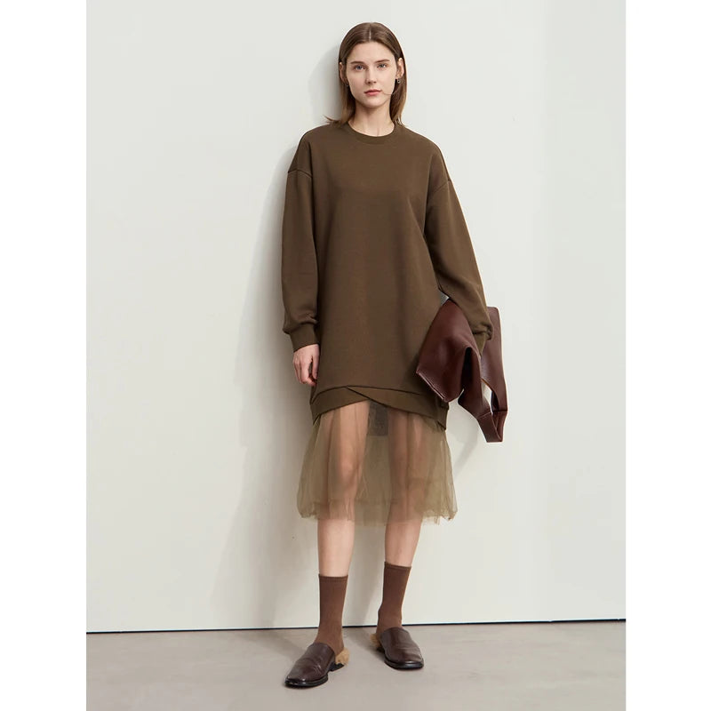 រ៉ូប AMII Minimalist Womens រដូវរងាឆ្នាំ ២០២៥ កមូលថ្មី ដៃវែង សម្លៀកបំពាក់នារី រ៉ូប Midi រលុងធម្មតា ១២៤៤៤១២០