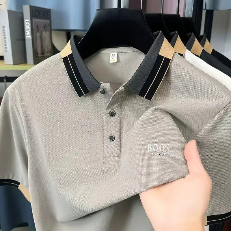 Quality Man Short-Sleeved Polo Shirt Lapel Button Color Blocking Letter Print British Style New T-Shirt Business Casual MensWear