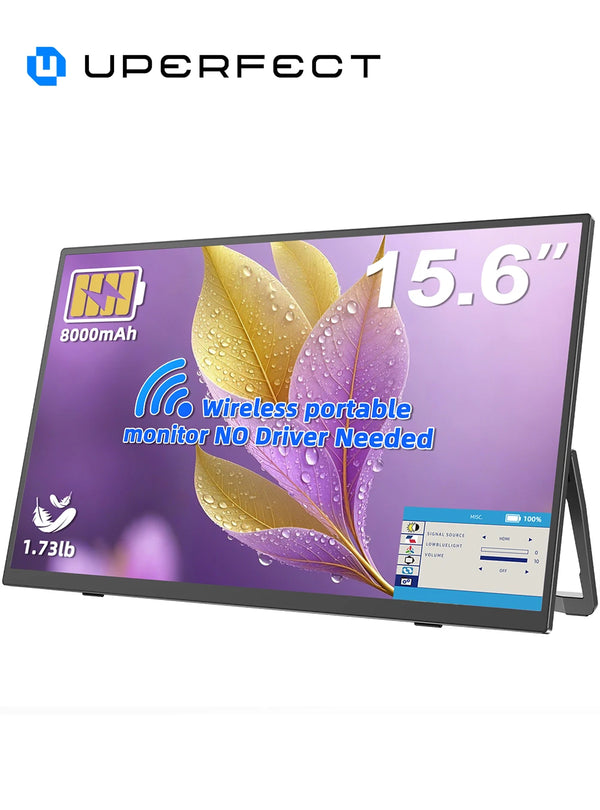 ម៉ូនីទ័រចល័តឥតខ្សែ UPERFECT ដំណើរការដោយថ្ម គាំទ្រ AirPlay Miracast ទំហំ 15.6 អ៊ីញ 1080P IPS អេក្រង់ខាងក្រៅ USB-C HDMI