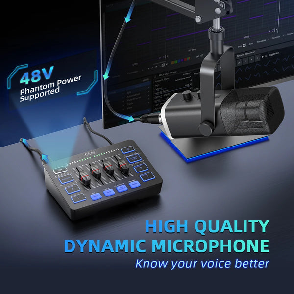 ឈុត FIFINE Podcast All-in-One ជាមួយឧបករណ៍លាយសំឡេង RGB ឈុតស្ទូឌីយោស្ទ្រីមជាមួយមីក្រូហ្វូនថាមវន្តសម្រាប់ការថតហ្គេមកុំព្យូទ័រ - Ampligame KS5