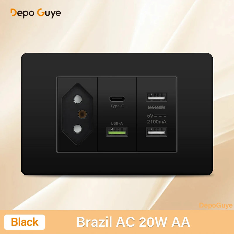 Italy Chile Mexico Outlet with USB Smart Type-c 20W Fast Charging Wall plug,Brazil Electric Light Switch Dual usb Power Socket