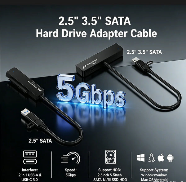 អាដាប់ទ័រ USB 3.0 ទៅ SATA III របស់ Blueendless សម្រាប់ឧបករណ៍បម្លែង USB-A ប្រភេទ C សម្រាប់ខ្សែផ្ទេរទិន្នន័យដ្រាយវ៍រឹងខាងក្រៅ SSD ទំហំ 2.5 អ៊ីញ 3.5 អ៊ីញ