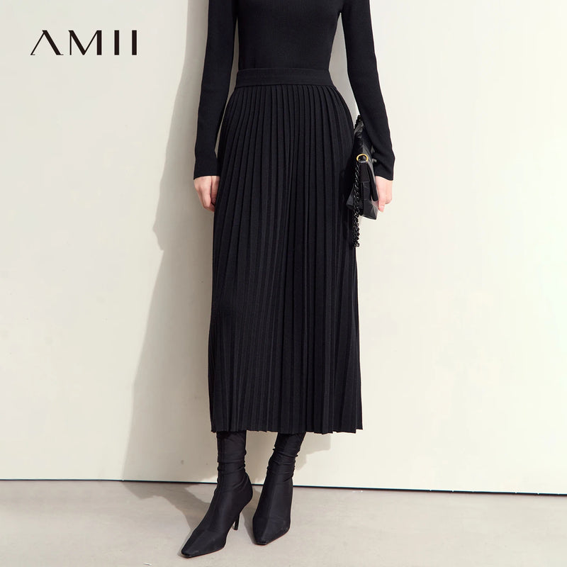 Amii Women's A-Line Pleated Midi Skirt Elastic Waist Loose Fit Knit Casual Commuter Minimalist Autumn 2026 Women Skirts 12623156