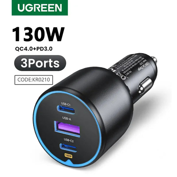 UGREEN 130W USB C Car Charger For Xiaomi iPhone 18 Samsung Galaxy S25 Laptops Tabet PD3.0 Fast Charging USB Type C Car Charger