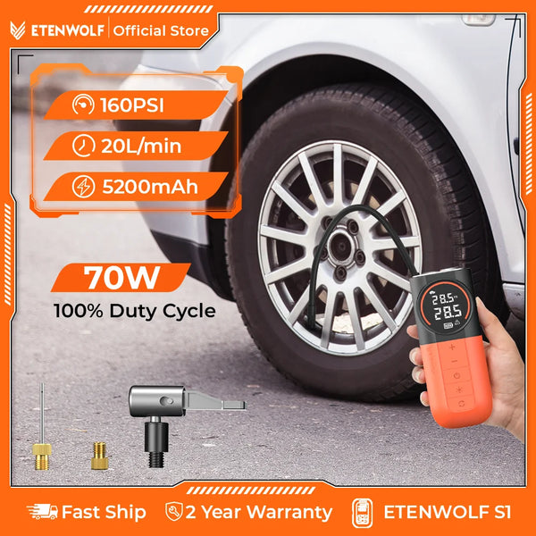 ម៉ាស៊ីនបូមខ្យល់រថយន្ត ETENWOLF S1 ថ្មី 5200mAh ម៉ាស៊ីនបូមខ្យល់កង់រថយន្តចល័តឥតខ្សែ 20L/Min សម្រាប់រថយន្ត ម៉ូតូ គ្រឿងបន្ថែមរថយន្ត