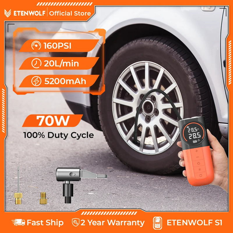 ម៉ាស៊ីនបូមខ្យល់រថយន្ត ETENWOLF S1 ថ្មី 5200mAh ម៉ាស៊ីនបូមខ្យល់កង់រថយន្តចល័តឥតខ្សែ 20L/Min សម្រាប់រថយន្ត ម៉ូតូ គ្រឿងបន្ថែមរថយន្ត