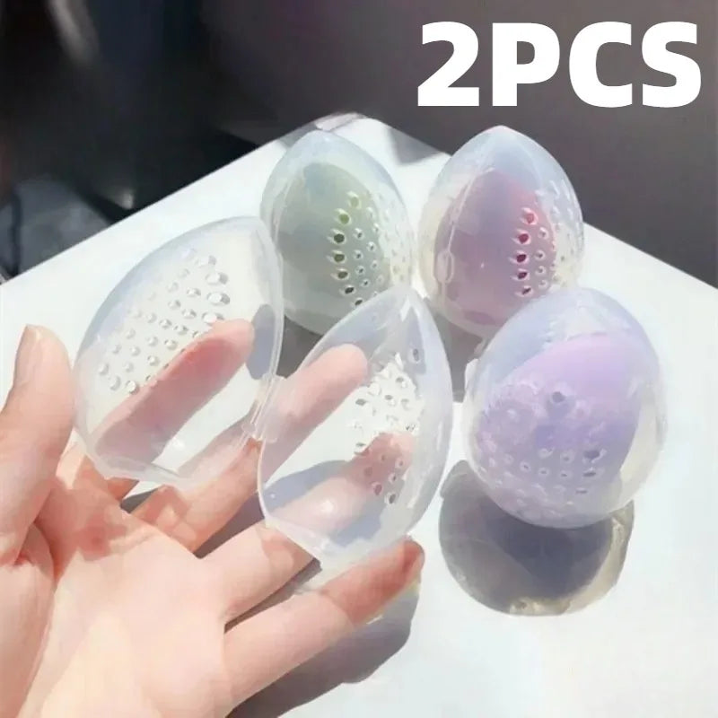 2pcs Travel Cosmetic Sponge Box, Portable, Pink, White. Plastic Box Cosmetic Organizer, Beauty Egg Storage Box.
