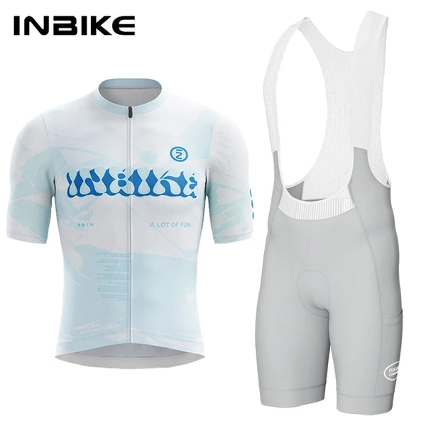 INBIKE Men's Cycling Bib Shorts Set Summer Quick Dry Short Sleeve Jersey Road Bike MTB Clothing Man Biking Suit with Pockets