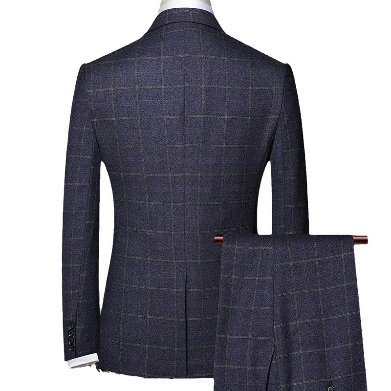 2026 New Men's Blue Three-Piece Suit Set: Black-and-Gray Checkered Jacket with Vest and Trousers, Slim-Fit Suit in Asian Sizes.