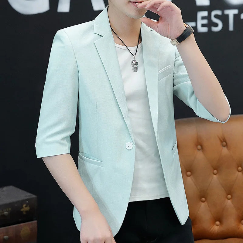 2026 New Thin Section Men's Linen Seven-quarter Sleeve Blazer, Fashionable Slim Summer Jacket, Beige Gray Light Green Optional