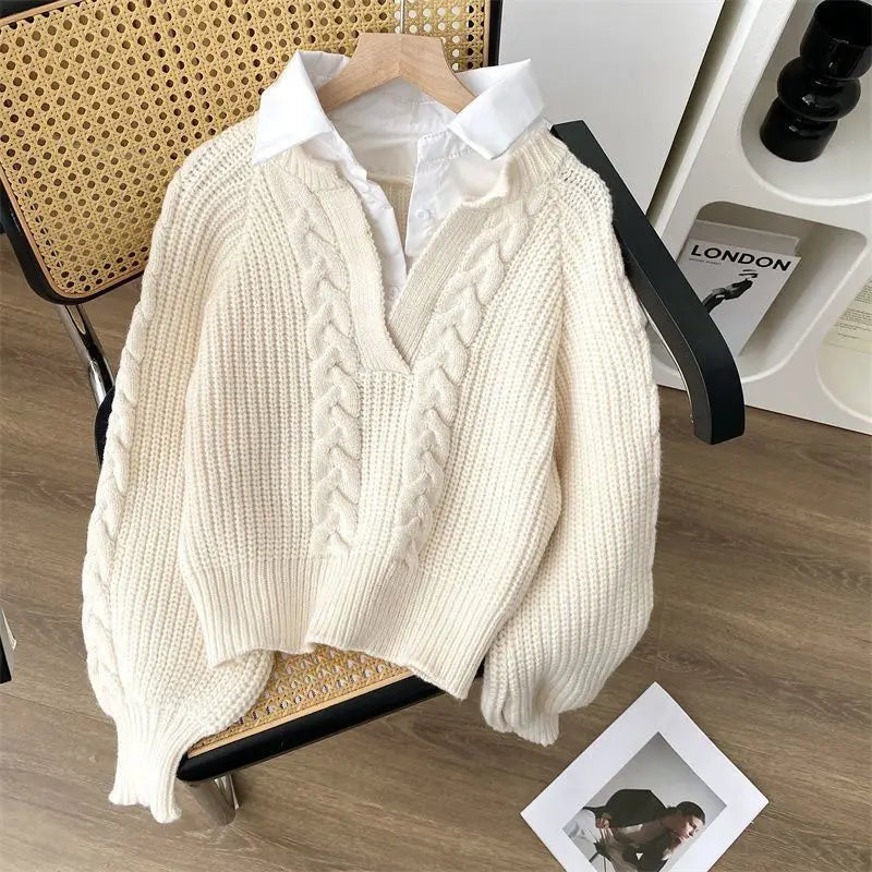 Autumn Winter Splicing Women's Outer Wear Lapel Top Knitted Sweater Fake Two Pieces Pullover Jumper Ladies Bottoming Shirt