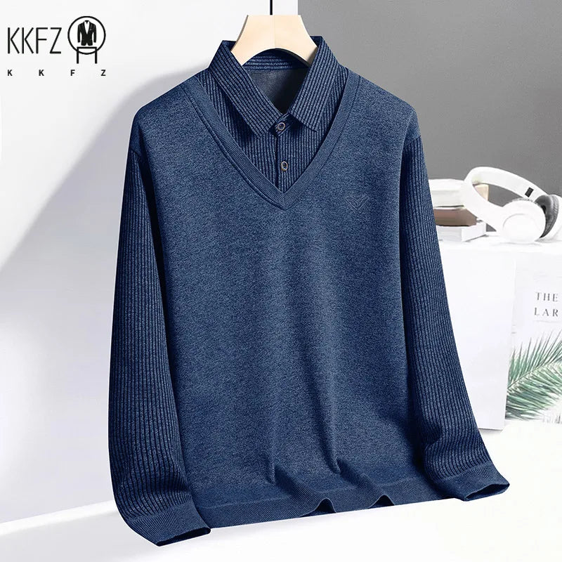 Daily Versatile Men Pullover Fake Two Piece Construction Vertical Stripe Sleeves Lapel Collar Subtle Embroidered Logo
