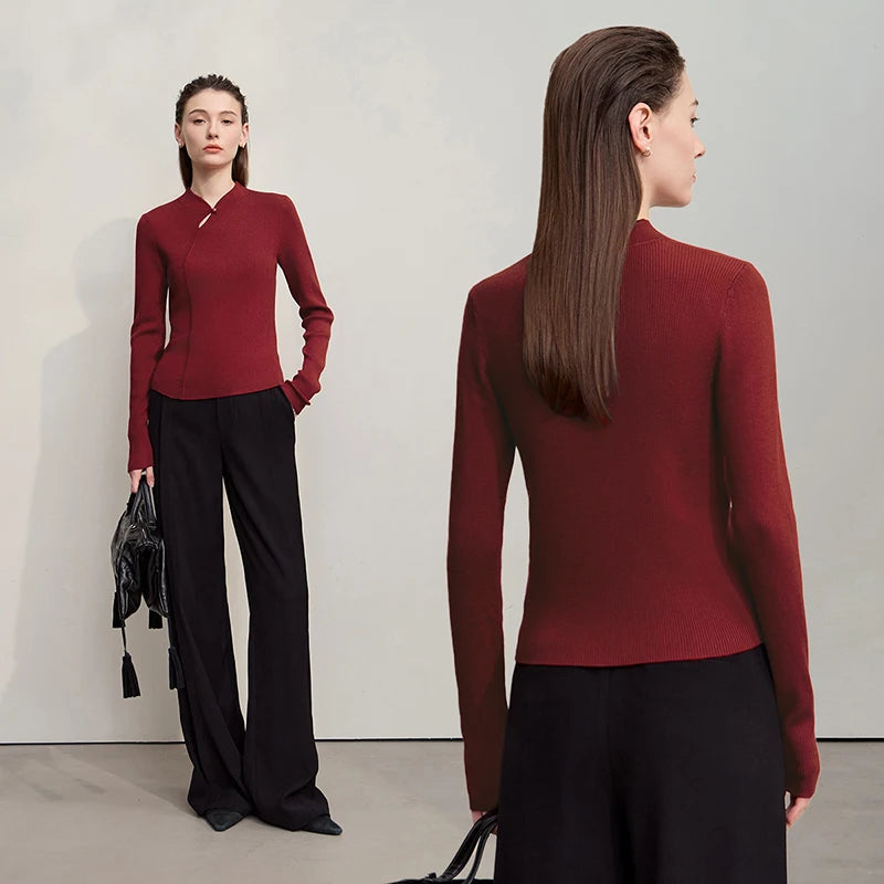 Amii Women's Sweater Cheongsam Collar Slim Pullover Long-sleeved Sweater 2025 Autumn New Minimalist New Female Clothing 12523105