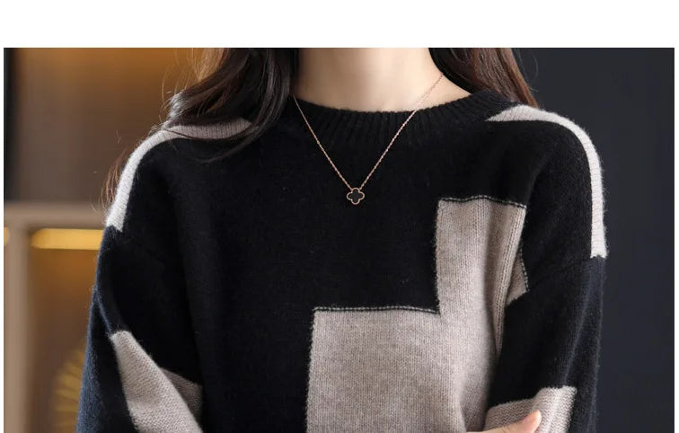 New Autumn Winter Knitwear Top Korean Loose Bottom Contrast Color Sweater For Women Suéteres Long Sleeve Pullovers свитер