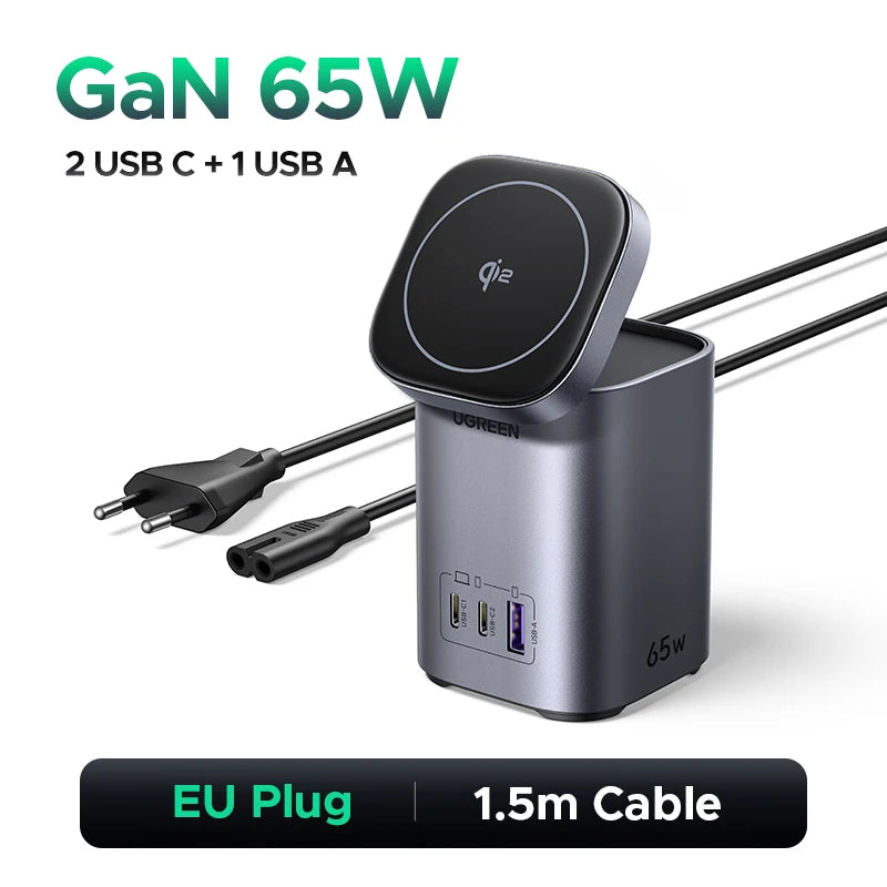 UGREEN GaN 65W Desktop Charger Qi2 15W Magnetic Wireless Charger Stand For Laptop Macbook Air iPhone 18 17 Pro Samsung Xiaomi