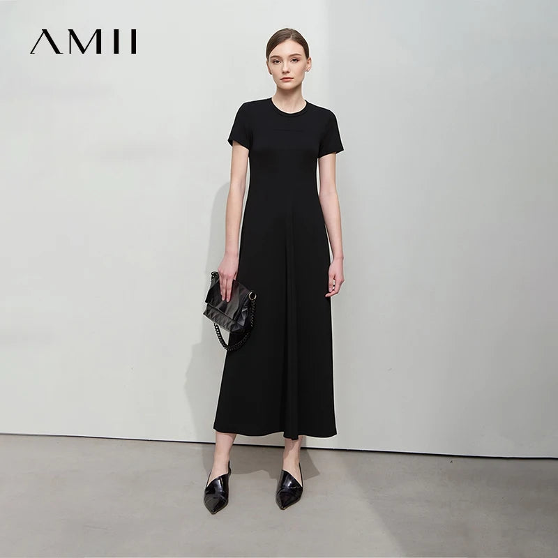 រ៉ូប Amii Womens Summer 2026 រ៉ូបថ្មីដៃខ្លី O-Neck ងាយស្រួលប្រើ រ៉ូបវែងសម្រាប់នារី រលុង ធម្មតា 12622108