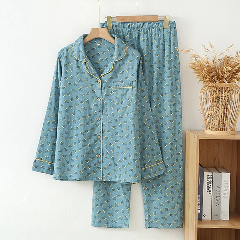 Lapel Collar Long Sleeve Sleepwear Set Spring Autumn 100% Cotton Gauze Women's Nightwear Room Wear Pajamas Loose Home Clothes