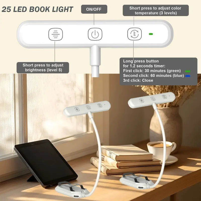 ភ្លើងអានសៀវភៅ LED 20/25 ដែលអាចសាកបានតាម USB មាន 3 ពណ៌ 5 កម្រិតពន្លឺ – ភ្លើងដោតច្រើនមុខងារសម្រាប់អានសៀវភៅពេលយប់