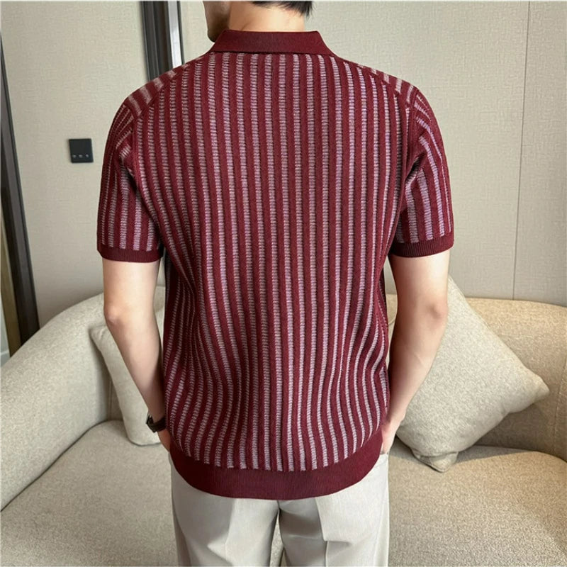 Lyocell Linen Polo Shirt Striped Half Zipper Knitted Short-Sleeved T-shirt T Men's Knitted Short Sleeve Breathable Perspiration