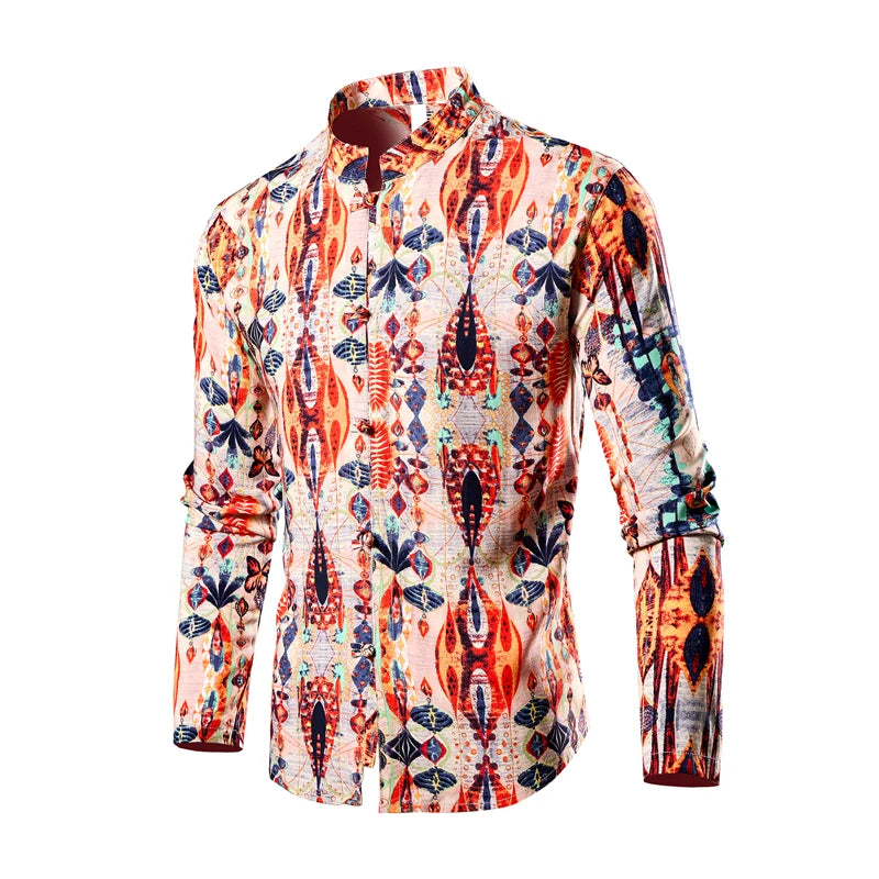 Chinese Style Men's Red Stand-up Collar Long-sleeved Shirt, Single-breasted Printed Shirts, Fashion Casual Camisas. New 2026