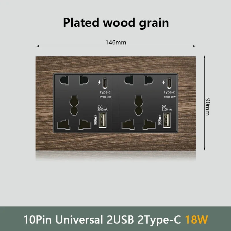 Retro Wood grain Wall Light Switch,18W Fast Type C Wall 220V Power Outlet plug,EU FR European Electrical socket with USB Charger