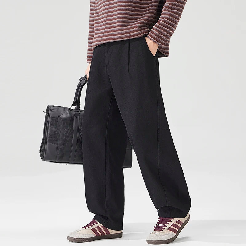 2026 Autumn New Cotton and Lyocell Wide Leg Loose Cropped Pants for Men Clothing Comfort Male Pants LX26104